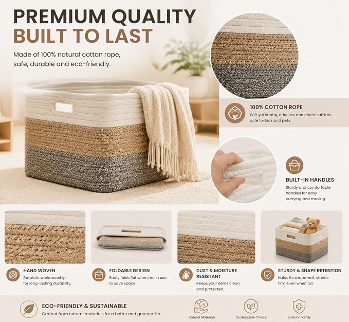 4 sets of hand-woven cotton rope storage boxes, suitable for toys, books, clothes, bathrooms, and car trunks used for organizing and decoration, Two 16x14x7 in and two 14x10x7 in