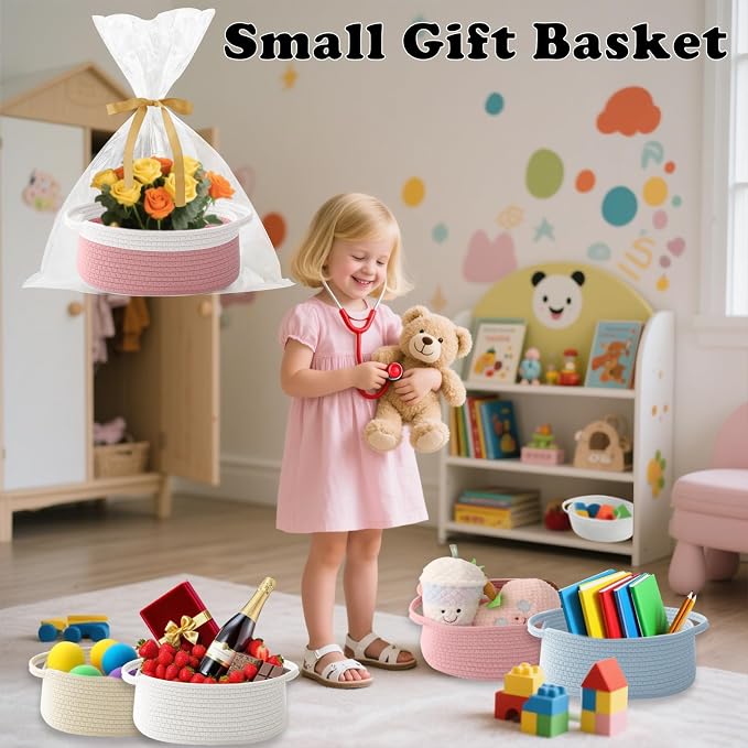 Woven Rope Basket - Baby Gift Basket with Bag & Ribbon, White&Pink | Cotton rope with handle, 12 x 8 x 5 in, gift bag and ribbon, for baby shower, birthday, toy storage, nursery, shelf decor