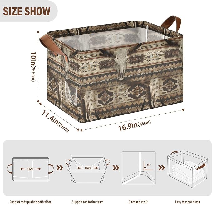 Rustic Western Bull Skull Storage Bins for Shelves with Labels&Handles Fabric Organizer Bin Foldable Rectangle Storage Basket Boxes for Closet, Bathroom, Home, Living Room