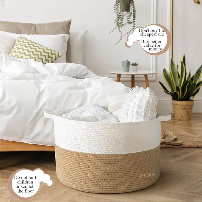 Cotton Rope Woven Laundry Basket 22"X 22"X 14" with handles(Jute/Beige)XXXL | Hand-woven, ideal for storing blankets and cushions in the living room, and clothes for household storage.