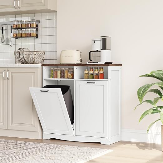 HOOBRO Double Tilt Out Trash Can Cabinet, 20 Gallon Kitchen Trash Bin Cabinet, Hidden Trash Storage with Open Compartments, Hidden Laundry Hamper, for Kitchen, Laundry, White and Walnut WH04LJ01