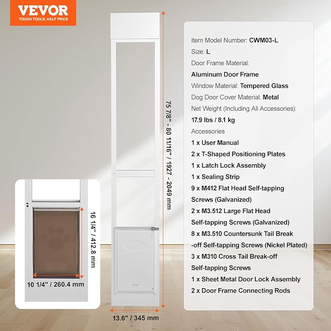 VEVOR Dog Door for Sliding Glass Door Large Doggy Door for Sliding Doors | For Dogs, 75 7/8"-80 11/16" Adjustable Height, Aluminum Frame, Tempered Glass, Pet Doors with Hinge Structure, Flap and Lock