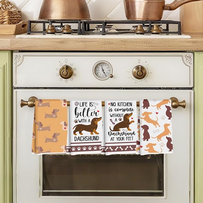 4 Pcs Funny Dachshund Kitchen Towels 24x14 Inch, Dachshund Gifts Reusable Dish Towels for Kitchen Bathroom Decor, Waffle Weave Hand Cloth Tea Towel, Cute Weiner Dog Gifts for Women Mom Friend