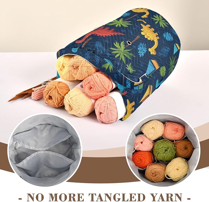 Tatenale Crochet Bag Yarn Bag Knitting Project Bag with Pockets and Handle Portable Yarn Storage Organizer Tangle Free 8.3x11 InchTropical Leaves and Multicolored Dinosaurs34