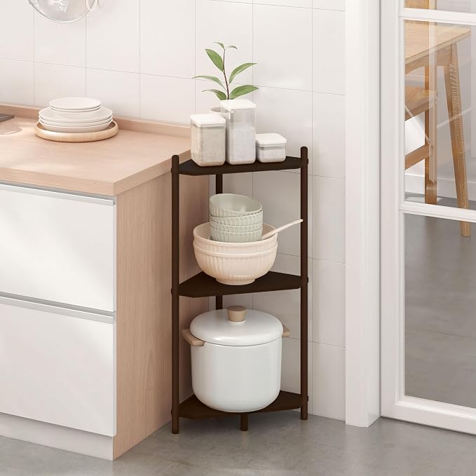 Wisuce Brown Small Corner Shelf Stand, 3-Tier Bamboo Corner Bookshelf | Space-Saving Narrow Corner Shelf | Bathroom Corner Shelf | Shelves for Bedroom, Living Room, Kitchen & Plant Display