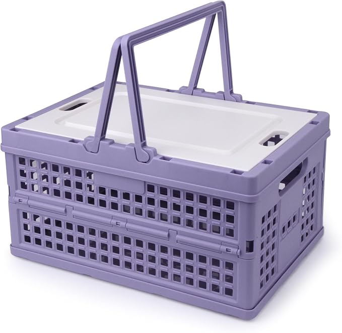 Collapsible Storage Crate, Foldable Plastic Basket with Lid and Handle, Foldable Storage Box Crate Bin for Home Kitchen Office Bathroom Bedroom Pantry (Purple-Hollow)
