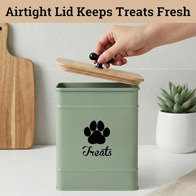 Dog Treat Container Airtight, 6"W x 8"H, Powder Coated, 12 Cup Capacity | Fits All Popular Treats, 12 Cup Capacity, Airtight Bamboo Lid, Easy Open Lid, Dent-Resistant Durable Metal Bone-Shaped Handle
