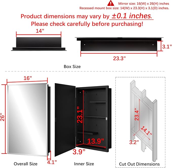 Black 16 x 26 Recessed Metal Medicine Cabinet With Mirror for Bathroom Wall | Black Bathroom Medicine Cabinet with Adjustable Staggered Shelves, Piano Hinge, Left/Right Swing & Matte Powder-Coated Finish