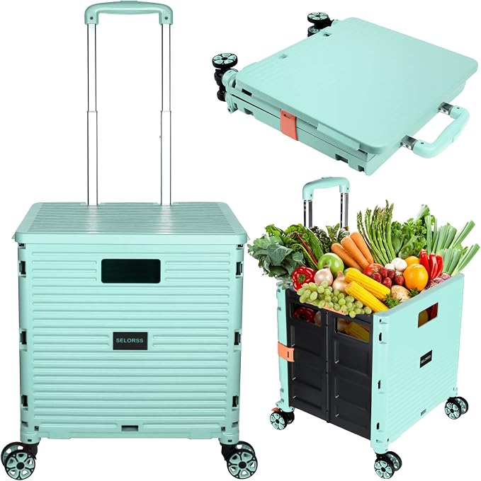 Foldable Utility Cart Portable Collapsible Crate Rolling Carts with Wheels Rolling Tote Basket Teacher Cart with Lid Wear-Resistant 360°Rotate Wheel Noiseless for Shopping Storage Office Use