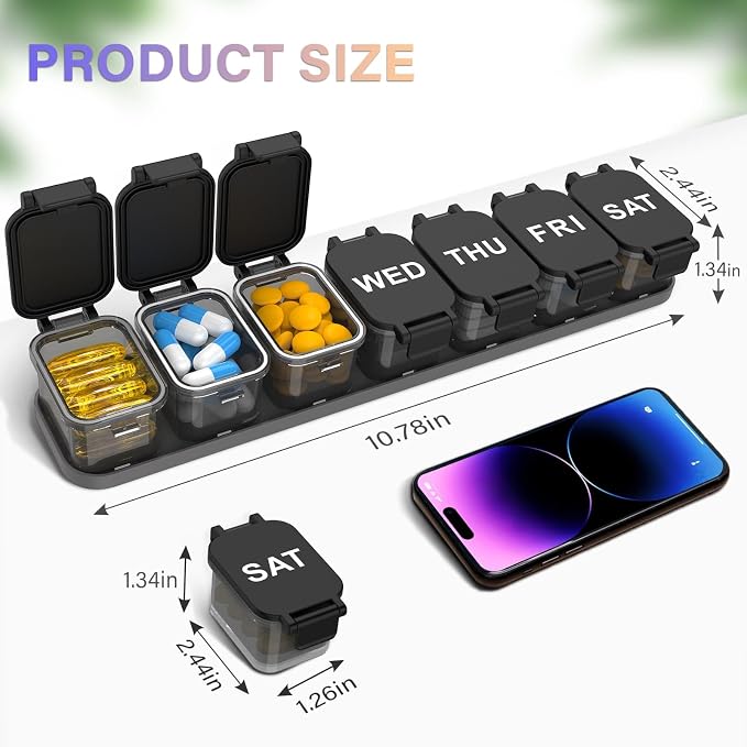 2-Pack Extra Large Weekly Pill Organizer with 7 Detachable Compartments | XL Pill Organizer, Portable Medicine Pill Organizer for Supplements, Daily Pill Case for Home and Travel