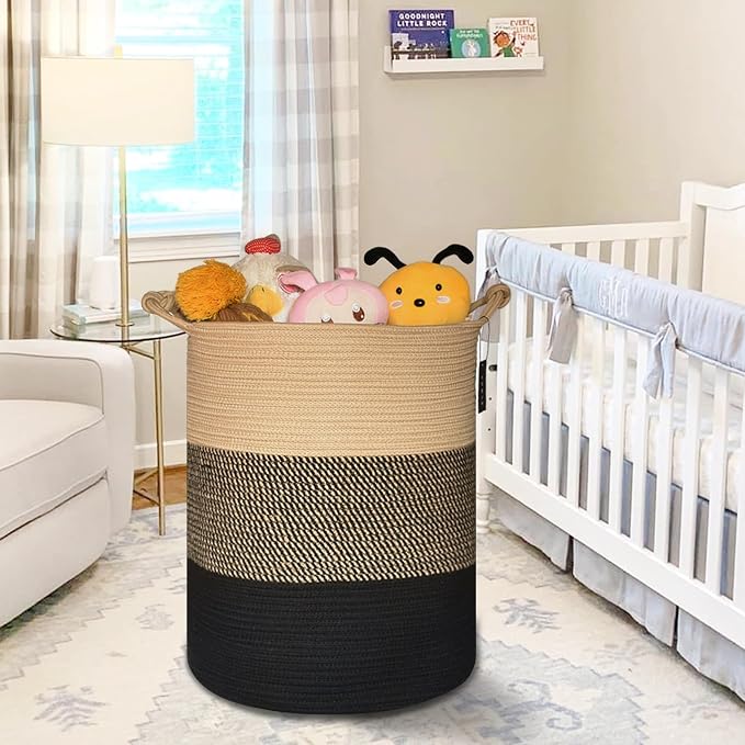 COMSE Tall Woven Blanket & Laundry Basket, 72L, Brown & Black | 15.7”x 21.7”, Cotton Rope, Large Nursery Hamper for Storage of Toys Clothes Towels, Great for Living Rooms Bedrooms Bathrooms