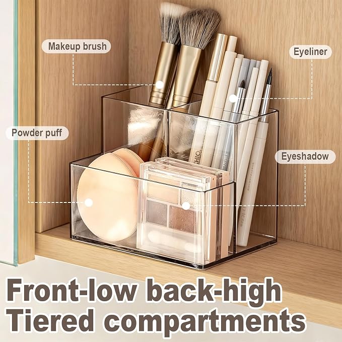 Clear PET Makeup Organizer, Lipstick Brush Holder for Bathroom Cabinet- Transparent Medicine Cabinet Organizer Multi Compartment Storage Box Holder for Countertop, Home Office Classroom