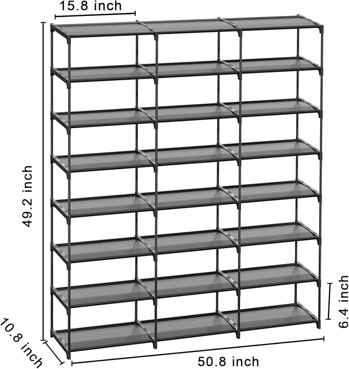 SMILHELTD Large Shoe Rack 3 Row 8 Tier Sneaker Storage Organizer 48 Pairs | Metal Tiered Plastic Shelves Dust-Proof Mats, Space Saving Oganization for Garage Closet, DIY Assembly, 49.2"W x 50.8"H