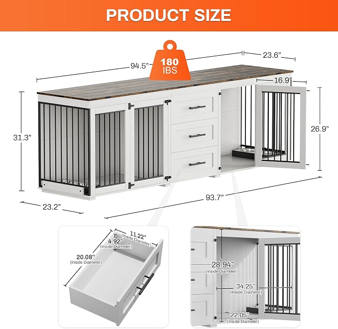 Rophefx 94.5" Dog Crate Furniture for 2 Dogs, Wooden Kennel,White Brown | Indoor double dog house with 3 storage drawers, 4 feeding bowls, lockable doors, and a wide top for large and medium dogs