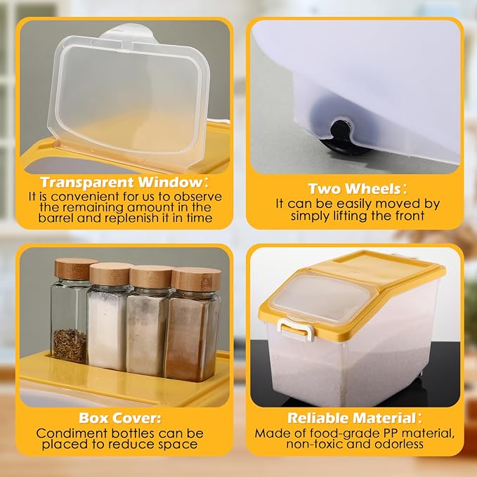 Sunnyray 4 Pcs Rice Storage Container Bulk 27.6 lb Airtight Flour Container with Wheels and Lids Measuring Cup Clear Pet Food Dog Birds Cat Food Bin Grain Cereal Organizer Box(Yellow)