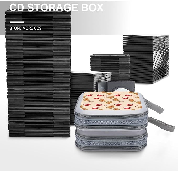 Heavy-Duty DVD Storage Wallet Christmas Gingerbread Man Candy Cane, Holds 40 Discs, Hard Shell Binder with Carry Handle, Portable Organizer for Movies Music