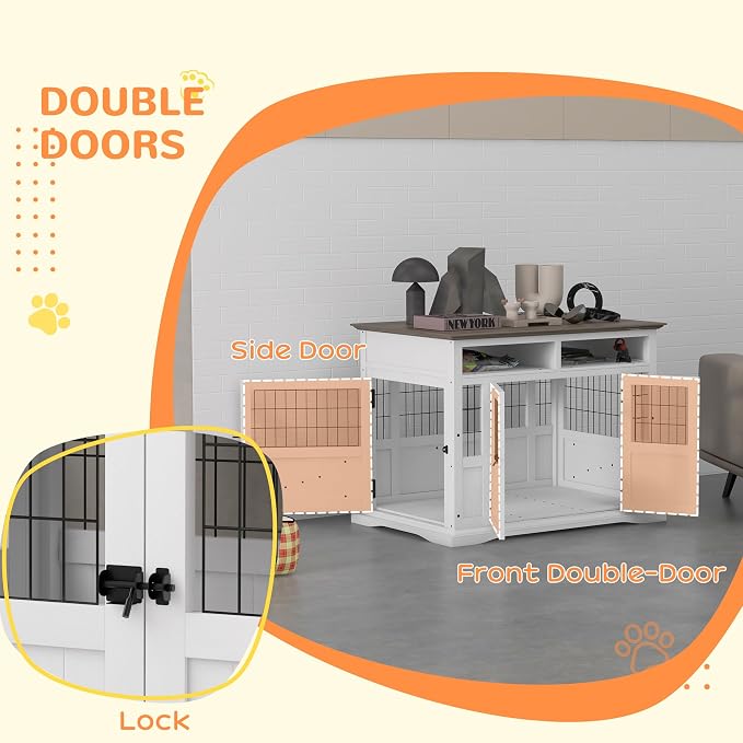 PawHut Dog Crate Furniture Side End Table with Storage, 41" Modern Wooden Dog Kennel Furniture with Double Doors for Small and Medium Dogs, White | Wooden Dog Kennel Furniture, Double Doors, for Small and Medium Dogs