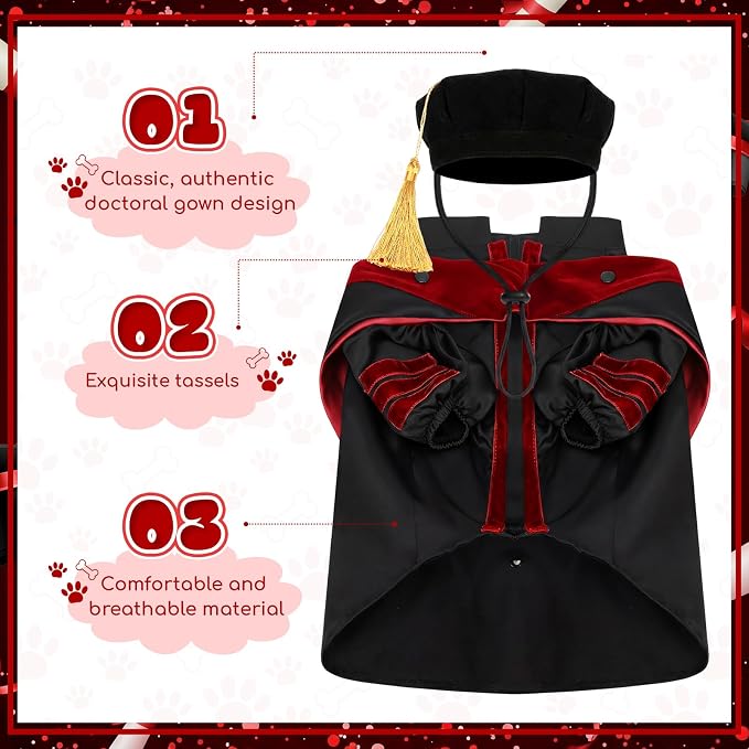 Huhumy 3 Pcs Dog Cat Graduation Doctoral Costume Set, 2026 Pet Phd Graduation Cap and Deluxe Doctoral Gown with Hood Side Tam Puppy Kitty Dogs Grad Holiday Party Costume Accessory(Red,XL)