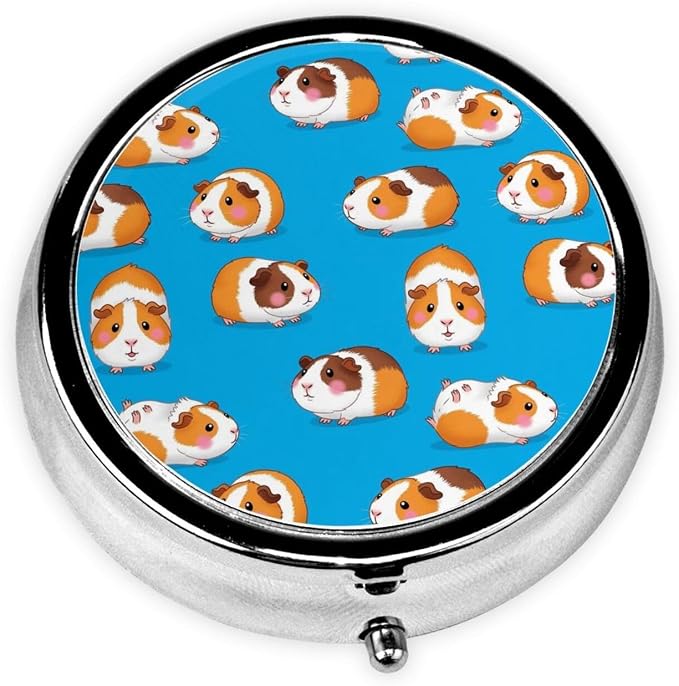 Round Pill Container, 3-Compartment Mini Organizer, Sturdy Metal Case for Medicine, Travel Pill Holder Purse Pocket Essential, Cute Cartoon Guinea Pigs