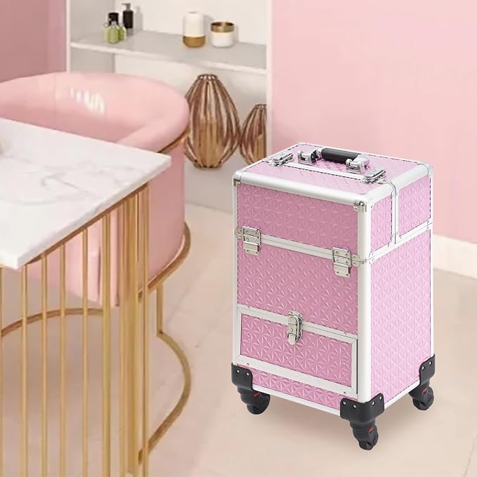 Professional Rolling Makeup Train Case with Lock, 7 Compartments 44lbs Capacity Rolling Nail Case Adjustable Organizer for Makeup Artists, Hairstylists, Pet Groomers (Pink)