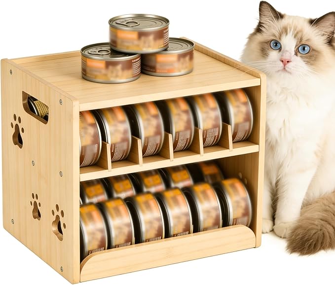 JALZ JALZ Bamboo Cat Food Can Dispenser 2-Tier Gravity Pet Food Storage Rack | Compact 2-tier organizer maximizes vertical space in your pantry, cabinet, or countertop