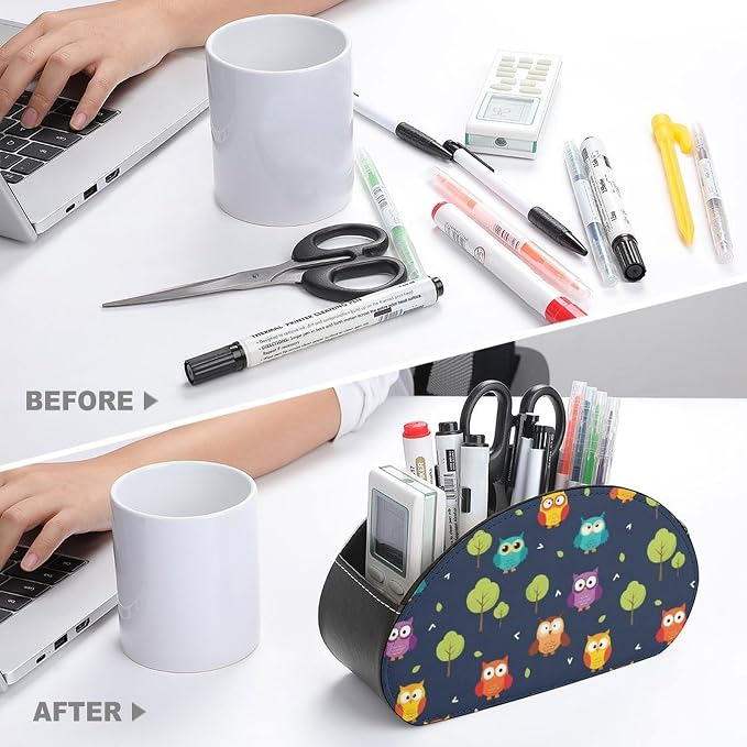 TV Remote Control Holder Cute Owl Desktop Storage Caddy Box | Pu Leather Makeup Brush Organizer with 5 Compartments, Cute Owl, Fit for Media Player, Office Supplies