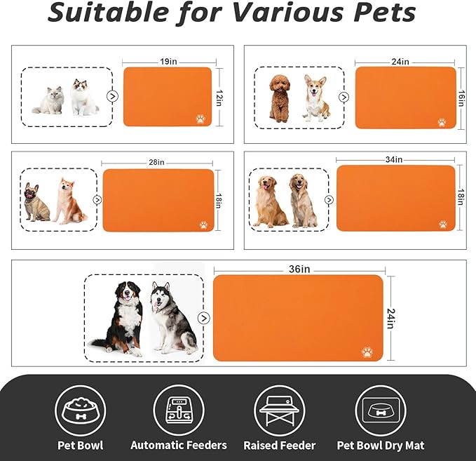 HotLive Dog Food Mat - Absorbent Cat Mat for Food and Water, No Stains Pet Feeding Bowl Mat, Easy to Clean Pet Placemats, Quick Dry Dog Water Dispenser Mat for Messy Drinkers | Paw Orange 16"x 24"