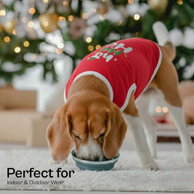 Parisian Pet Red Dog Tshirt - Embroidered “ ho Ho Ho “ Dog Christmas Shirt - Lightweight 100% Cotton Shirt - Sleeveless Clothes - Machine Washable Dogs Vest - Shirts for Large Dogs - L