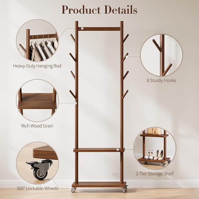 Yoobure Solid Wood Coat Rack Freestanding - Rolling Clothes Rack with 8 Hooks & Shelves, Small Clothing Rack with Wheels, Heavy Duty Clothing Racks for Hanging Clothes, Portable Hall Tree for Entryway
