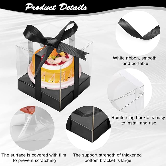 12 PCS Clear Cupcake Boxes 3.5 Inch Cupcake Containers (Black) | Disposable Cupcake Carrier Plastic Individual Cupcake Storage Holder with Ribbons and Inserts for Wedding, Birthday Party