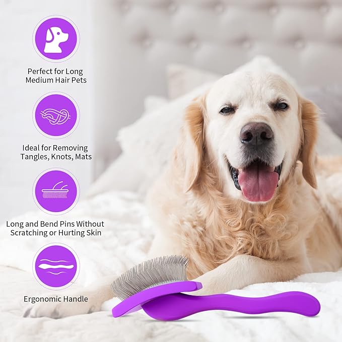 Dog Slicker Brush for Goldendoodles, Poodles & Long Haired Dogs - Long Pin Doodle Brush & Pet Comb Kit Removes Tangles Loose & Knots, Professional Grooming Tools with Wooden Handle, Purple
