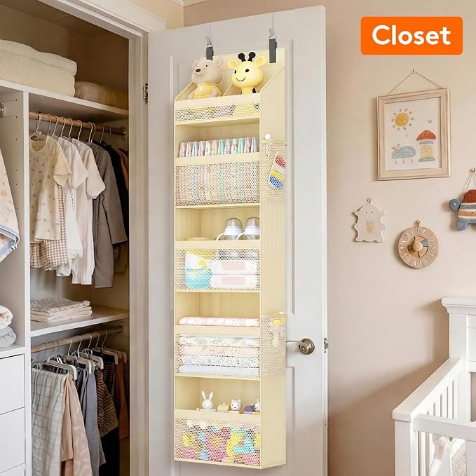 Lifewit 5 Tier Over the Door Organizer, Diaper Hanging Storage, Beige | Nursery Sturdy Large Heavy Duty Back of Door Shelf with 4 Mesh Side Pockets, for Baby Stuff Toy in Pantry, Laundry, Bathroom