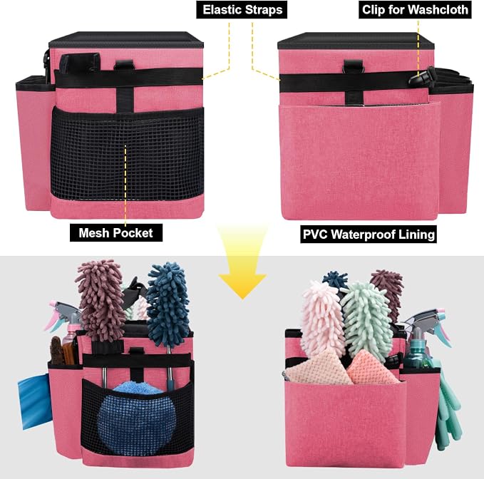 Wearable Large Cleaning Caddy Bag for Housekeepers (Rosered) | Cleaning Supplies Organizer with Adjustable Shoulder, Waist & Handle Straps, Detailing Bag for Kitchen Supplies