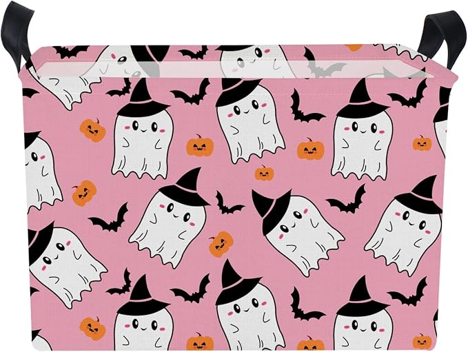 NTAO Gift Storage Basket Empty for Halloween, Storage Bin with Handles, Room Decor, Book Box(Pink Ghost Bat)