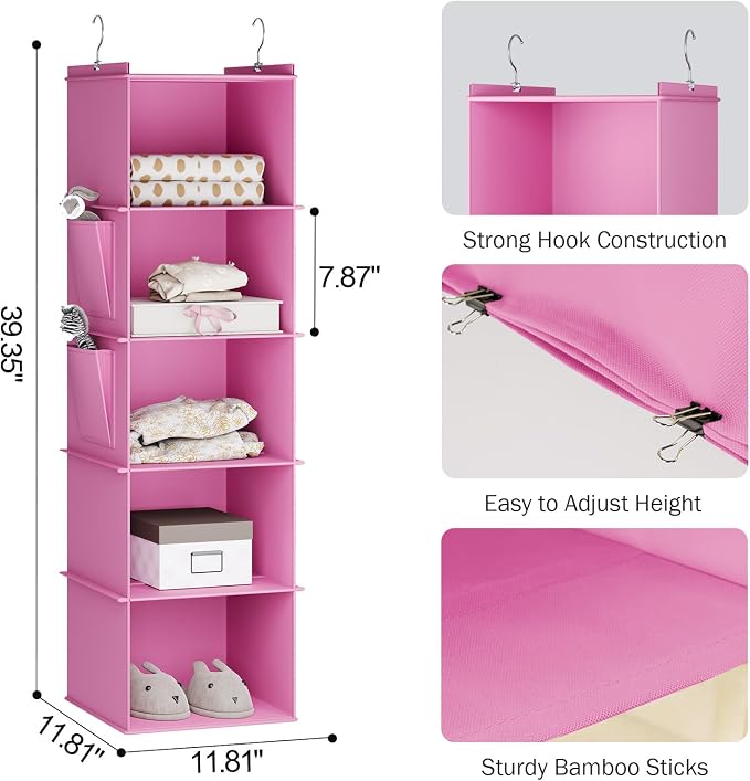 YOUDENOVA Hanging Closet Organizer and Storage, 5-Shelf, Light Pink | Locker/RV/Camper Organizer, 2 Side Pockets, Hanging Shelves for Small Closet, Dorm Room Essentials for Guys, Non-woven Fabric