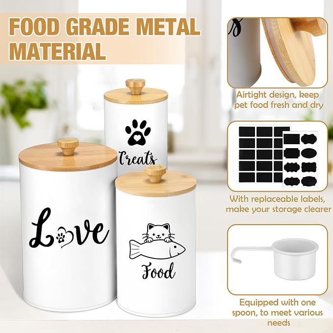 Reallnaive Metal Airtight Cat Treat Container Set of 3 with Bamboo Lids and Spoon Cat Food Storage Container with DIY Labels Pen Pet Cookie Snack Food Storage Organizer Jars for Kitchen Counter(White)