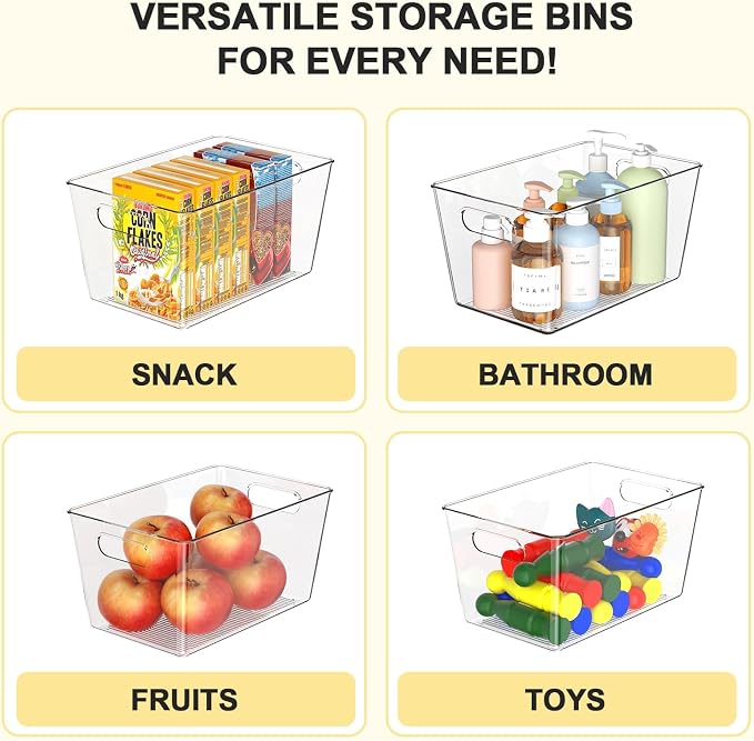 12 Pack Large Clear Plastic Storage Bins, Kitchen&Pantry Organizer | Heavy-duty 450g BPA-free PETG containers with handles for fridge, under-sink, bathroom, office, closet, and garage storage