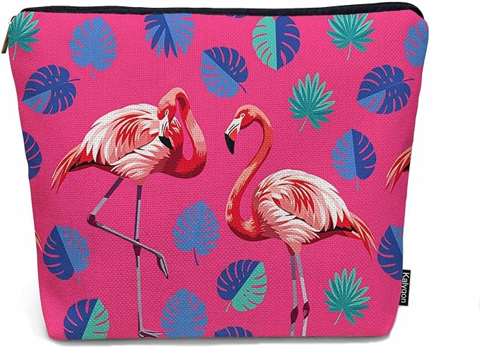 Flamingo Makeup Bag For Women, Adorable Cosmetic Pouch With Tropical Leaves Palms Pattern, Pink Zipper Travel Toiletry Organizer For Gym and Bathroom
