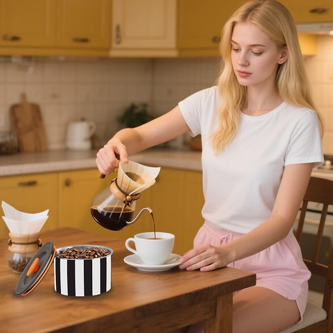 Black and White Stripes Airtight Food Canister, 30oz Stainless Steel Storage Jar for Coffee Beans Tea Grains Snacks, Kitchen Organizer Decor