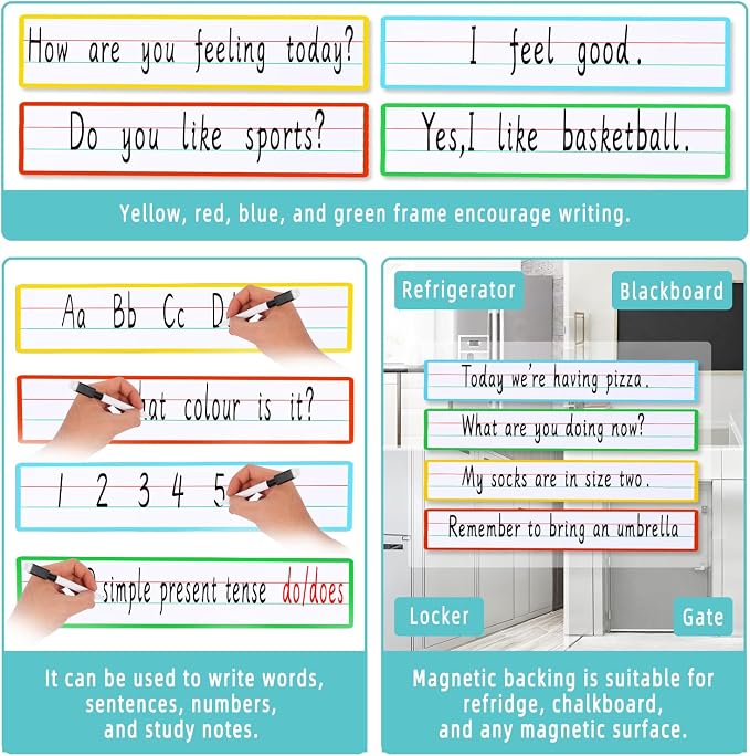 4 Sheet 14.2×4.1inch Dry Erase Magnetic Sentence Strips for Classroom Whiteboard & Fridge Handwriting Lined Paper for Home Teacher Must Haves Word Alphabet Practice Tool