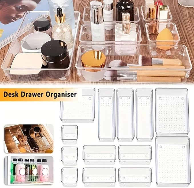 Drawer Organiser Set Clear Makeup Trays Desk Drawers Dividers Dresser Storage Bins Separation Box for Bathroom Transparent Pet Drawer Storage