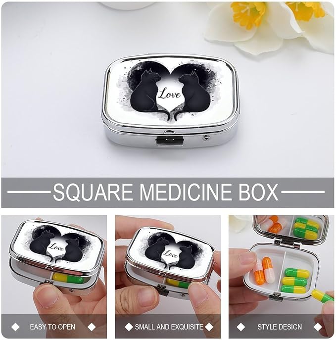Loving Cats Durable Metal Pill Case for Daily Use, 2 Slot Medicine Box Organizer,Leak Proof Travel Pill Container for Vitamins, Compact Pocket Medicine Holder for Seniors,Holiday Gift
