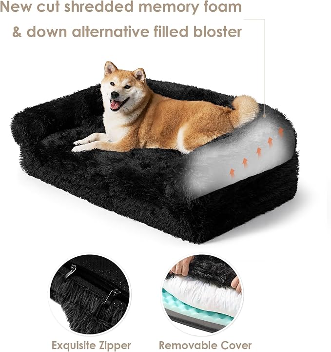 EHEYCIGA Foldable XXL Dog Bed for Large Sized Dog - 54x38x7.5, Black | Faux Fur Fluffy Pet Couch Bed, Orthopedic Calming Memory Foam Big Pet Bed, Washable Pet Sofa Bed with Non-Slip Bottom