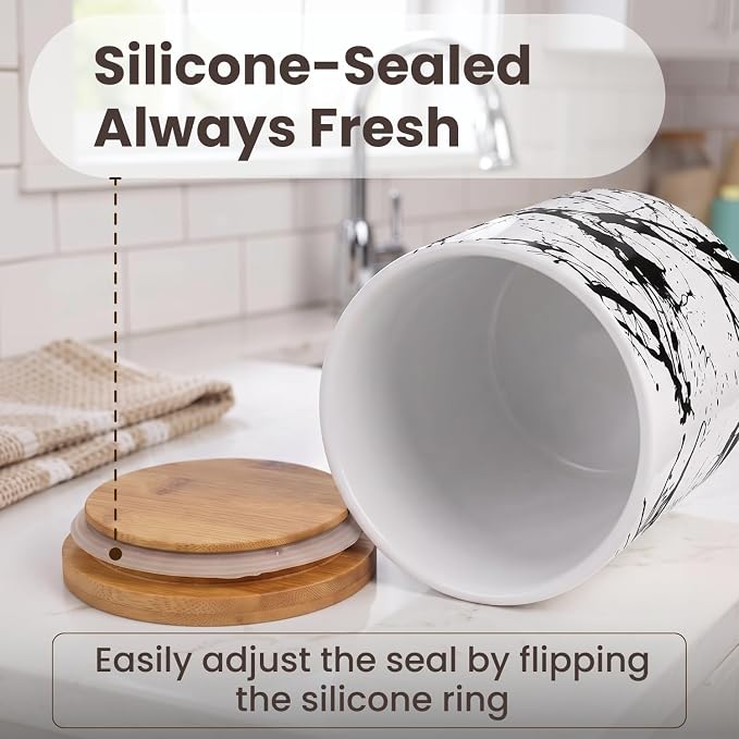Arthausen Black Splatter Ceramic Storage Jar Canister for Flour Sugar Airtight Bamboo Lid w/Silicone Seal, Spoon - Modern Abstract Art Design for Kitchen Counter Bathroom - 4 cup / 1080mL