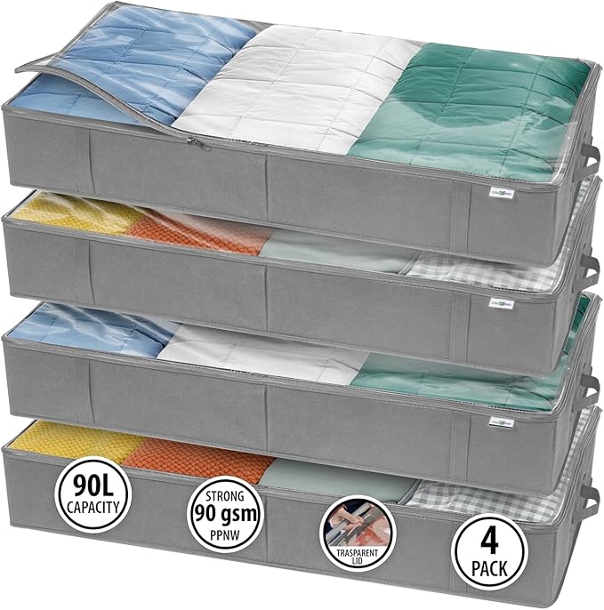 StorageExpert Under Bed Storage Containers, Closet Organizer, Grey, 4 Pack | Under Bed Storage, Foldable Fabric, Large Capacity, Dustproof, Clothes Storage, Blanket Storage, Toy Organizer, Space Saving