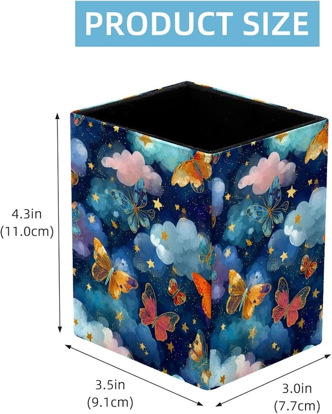 Butterfly Pen Holder for Desk Decor, Rectangular PVC Leather Pencil Cup for Desk Pen Organizer, Makeup Brush Holder for School, Home, Office