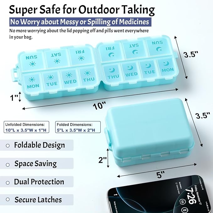 NEW Foldable & Double Protection Portable Weekly Pill Organizer 2 Times A Day with Etched Labels, AM PM 7 Day Week Medicine Box, Daily Travel Pill Case Dispenser for Vitamin, Supplement - Sky Blue