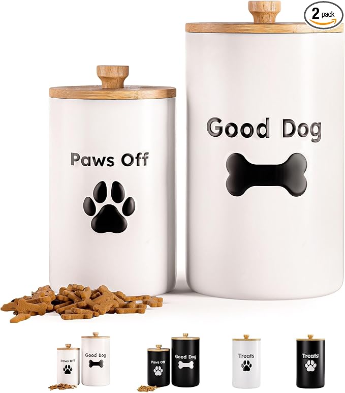 Dog Treat Container Airtight Set of 2, 9x5 & 7x4 inch Ceramic Jars. 11 Cups | Ceramic Dog Treat Jars, 2-piece set, Airtight Bamboo Lids, Rubber-Lined Lids, Raised Design, Over 11 Cups Combined Storage