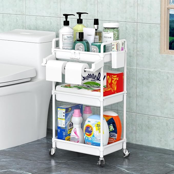 SPACEKEEPER Rolling Storage Cart, 3 Tier Utility Cart for Bathroom, White | Rolling Cart with Lockable Wheels, Towel Rack, Hooks & Cup for Laundry Room,Kitchen,Office, Snack,Craft,Art,Makeup,Nail,Toys