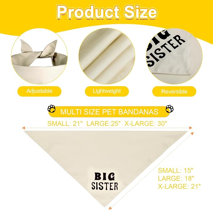 Big Sister Dog Bandana Beige XLarge 1PCS, Adjustable Triangle Scarf | Pregnancy Announecment, New Baby for Family.